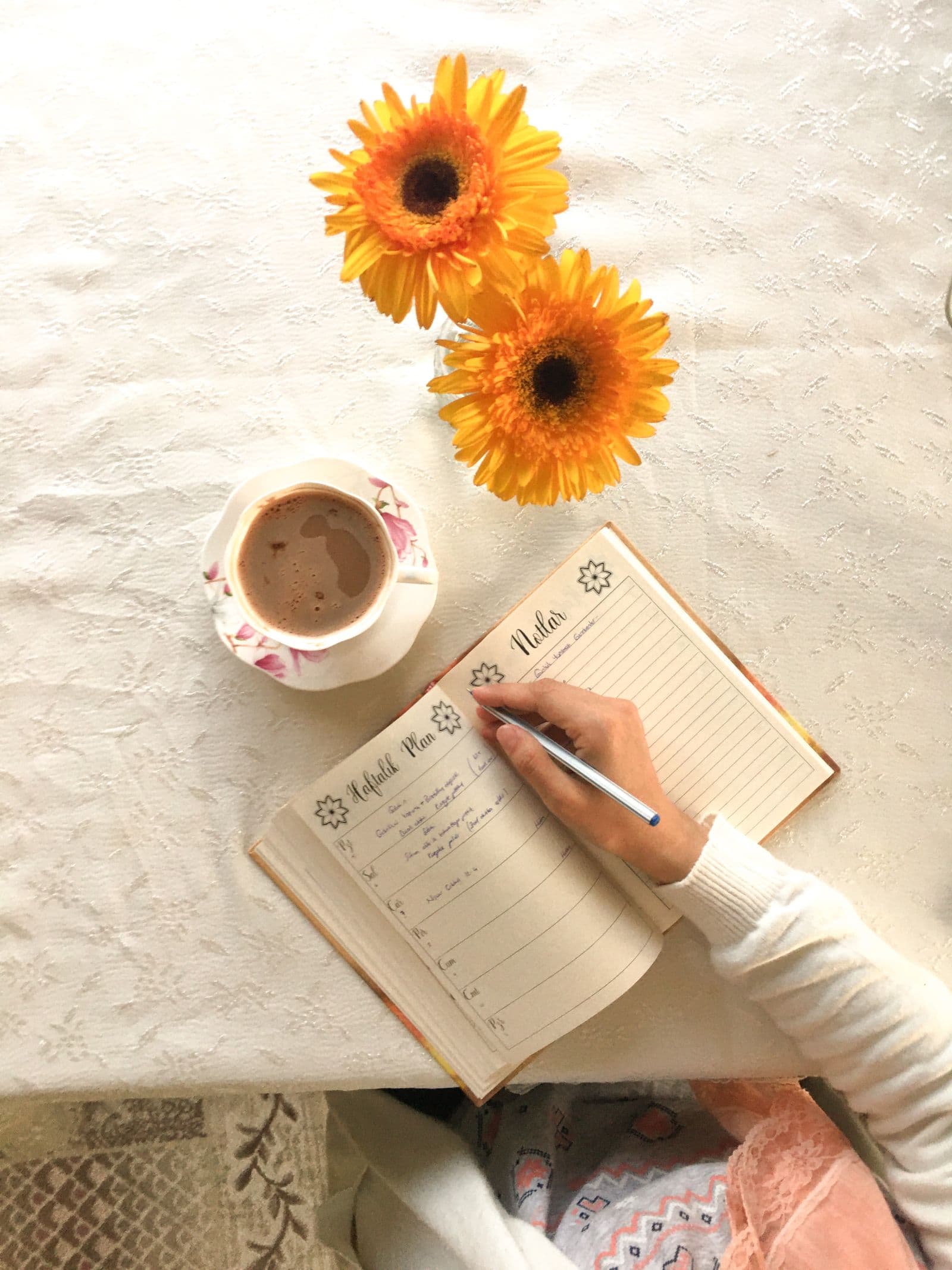 Person writing in a wellness planner beside flowers and coffee
