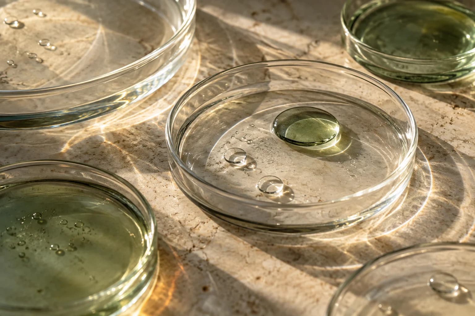 Glass dishes and droplets catching warm light on a stone surface